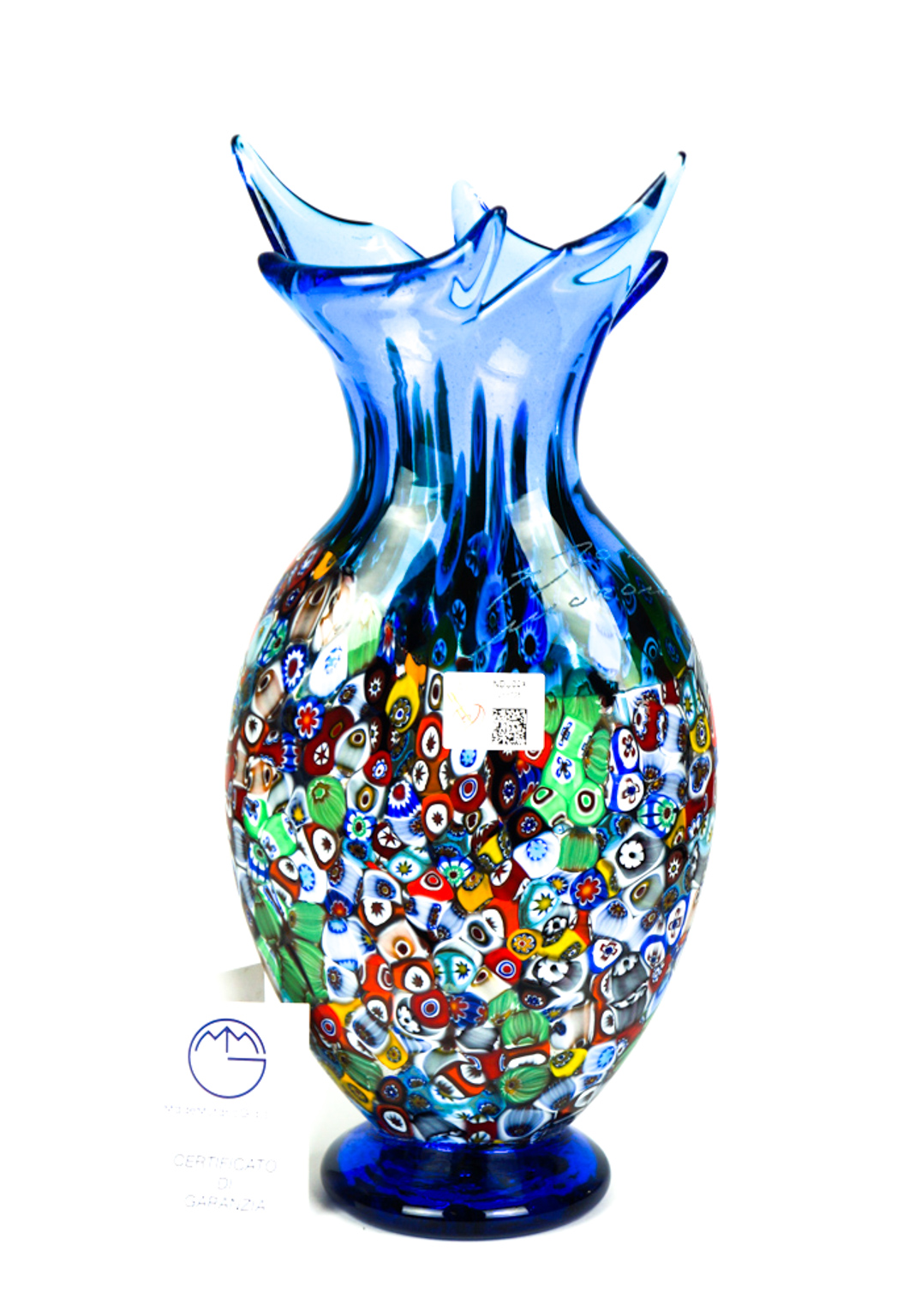 Airone - Blown Vase Aquamarine And Murrina Millefiori