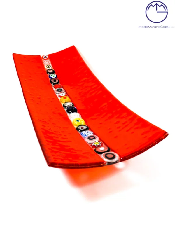 Red Plate With Murrine In Murano Glass Large Measure