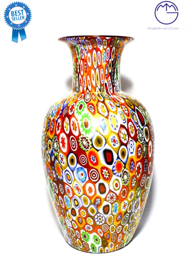 Big Murano Glass Vase With Murrina Millefiori And Gold Leaf 24kt
