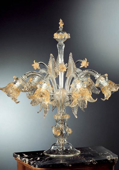 Venetian Glass Lamps – Flambeaux 6 Lights With Gold 24 Carats – Murano Glass