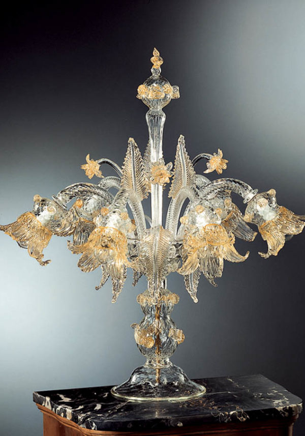 Venetian Glass Lamps - Flambeaux 6 Lights With Gold 24 Carats - Murano Glass