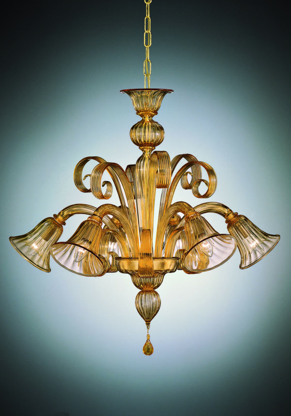 Amber Venetian Blown Glass Chandelier "Ambra" With 6 Lights