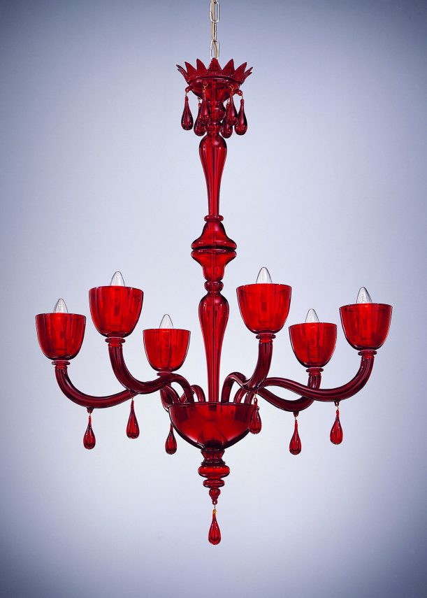 Red Chandelier Murano "Grassi" With 6 Lights