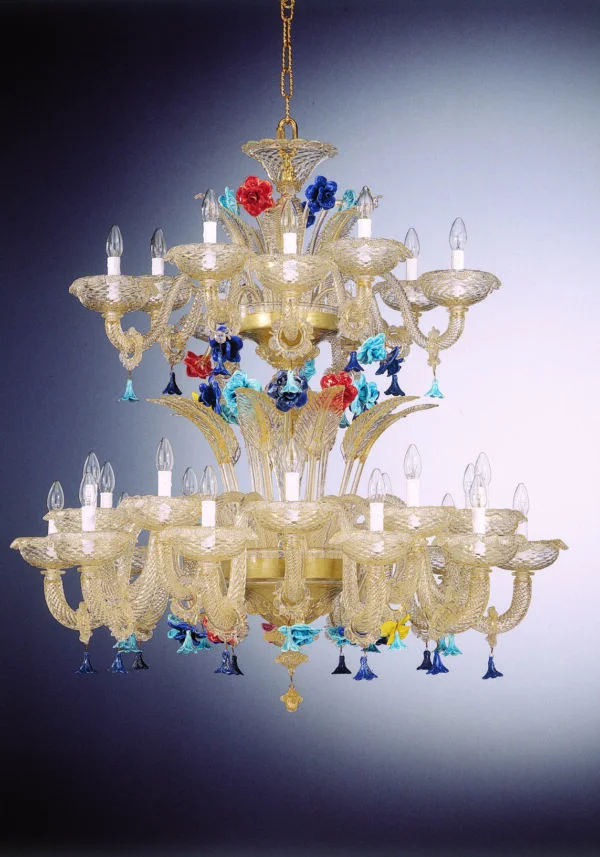 Gold Chandelier Murano"Fontana" On Two Floors With 20+10 Lights