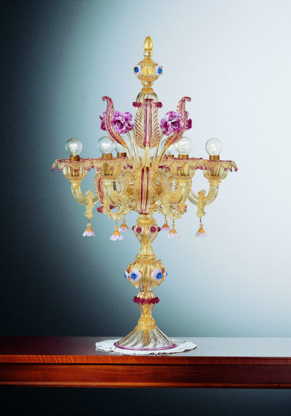 Venetian Glass Lamps - Flambeaux 6 Lights With Gold 24 Carats