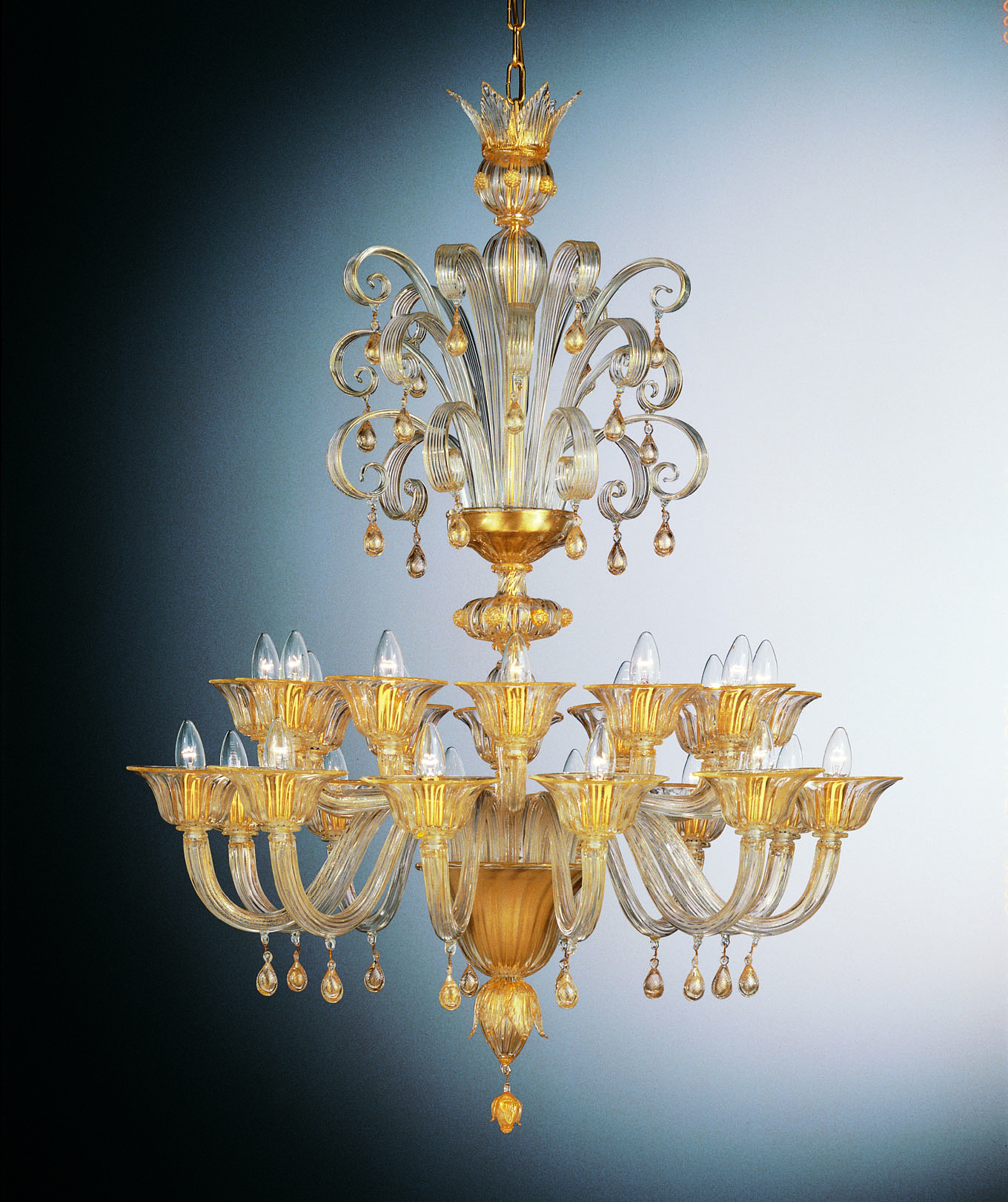 Crystal Gold Leaf Murano Chandelier “Palace” With 24 Lights