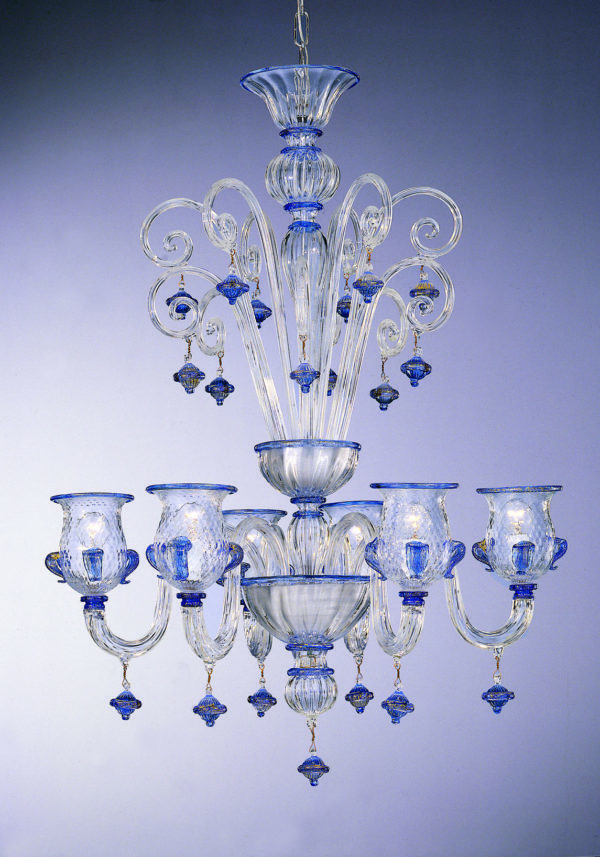 Crystal Blue Glass Chandelier "Murano" With 6 Lights