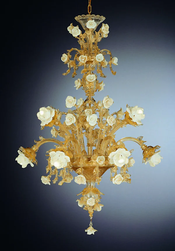 White Roses Murano Glass Chandelier "Regal" With 9 Lights