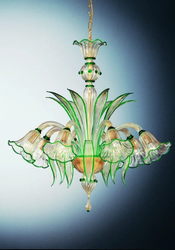 Gold Green Murano Glass Chandelier "Portofino" With 8 Lights