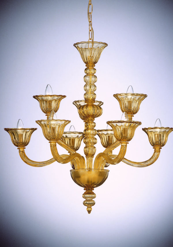 Amber Murano Glass Chandelier "Valentino" With 9 Lights