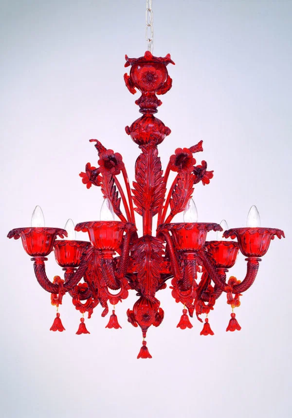 Red Murano Chandelier "Marte" With 6 Lights