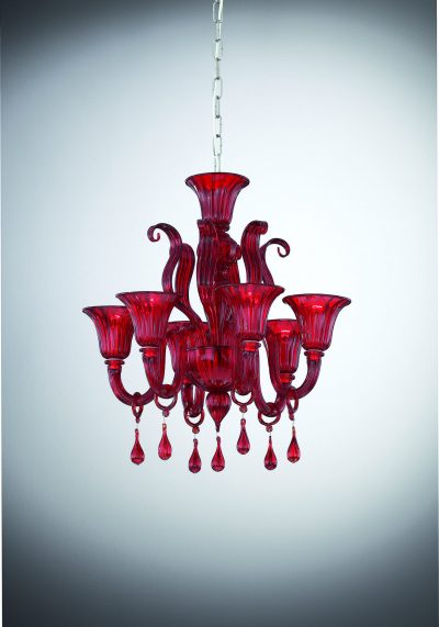 Red Murano Chandelier “Fuoco” With 6 Lights