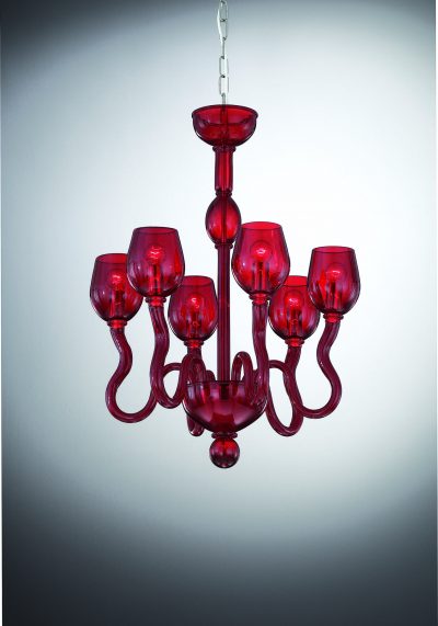 Red Murano Glass Chandelier “Roma” With 6 Lights