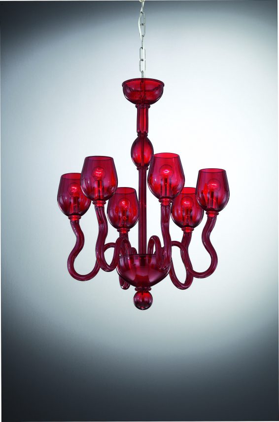 Red Murano Glass Chandelier "Roma" With 6 Lights