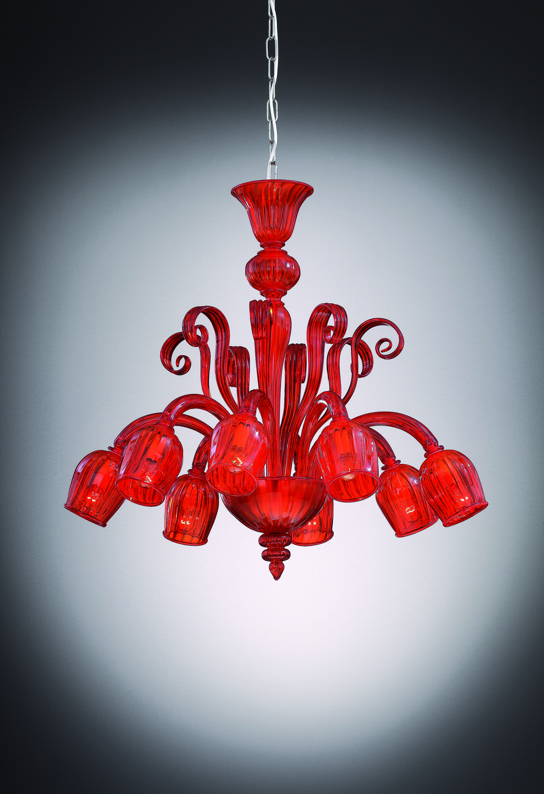 Red Glass Chandelier “Quatum” With 8 Lights