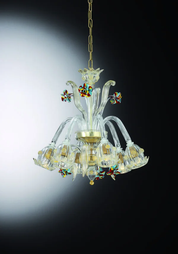 Crystal Gold Glass Chandelier "Carmini" With 6 Lights