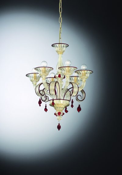 Gold Red Murano Glass Chandelier “Lio” With 6 Lights