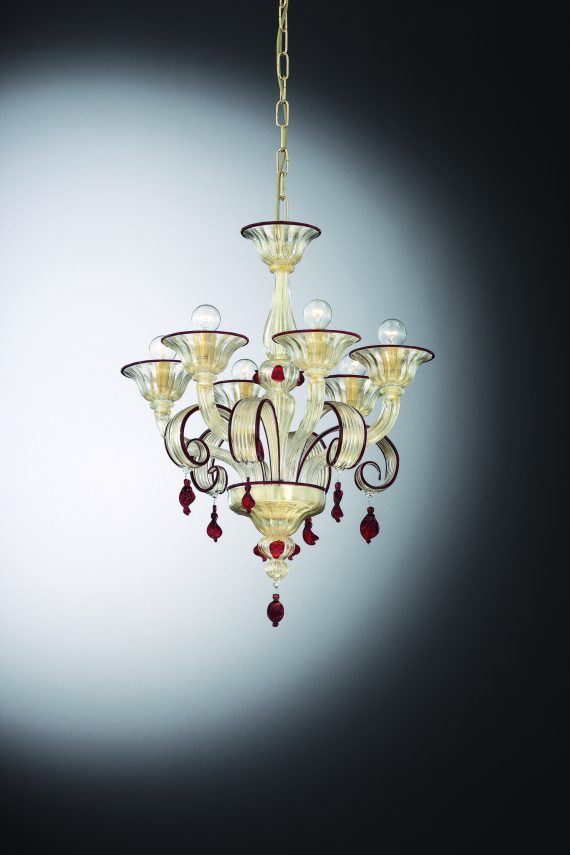 Gold Red Murano Glass Chandelier "Lio" With 6 Lights