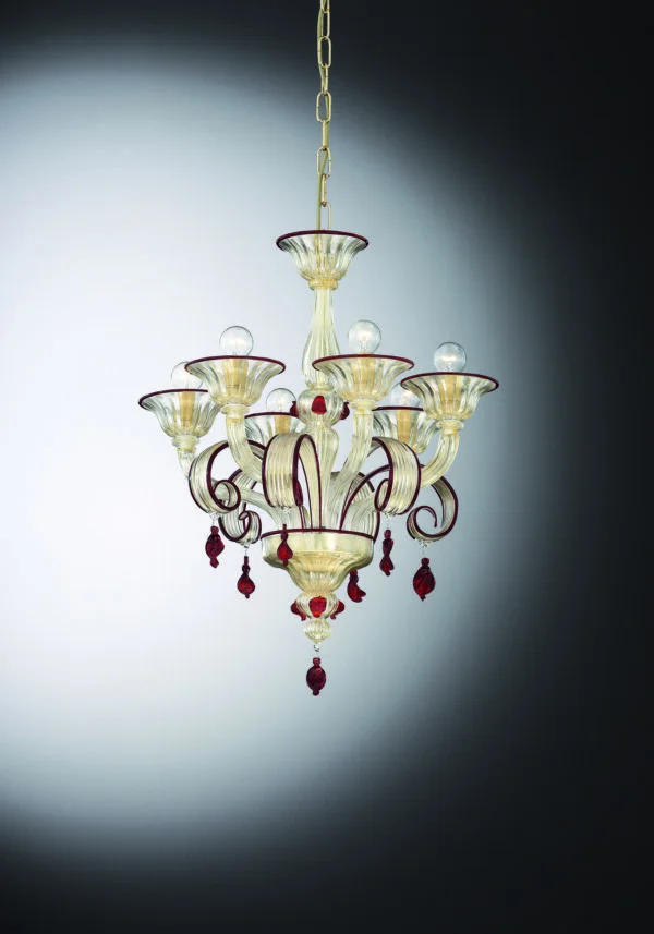 Gold Red Murano Glass Chandelier "Lio" With 6 Lights