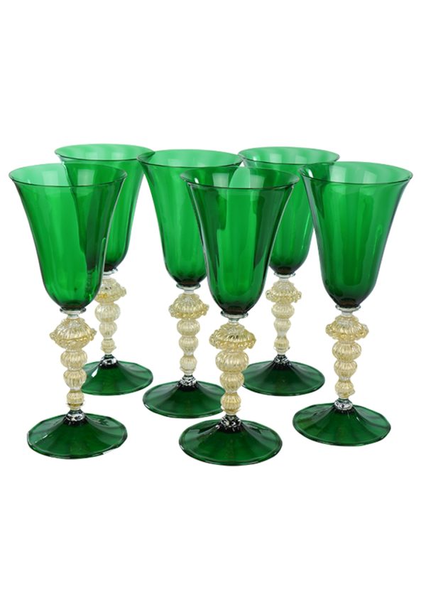 Set of 6 Murano Glass Green Goblets With Gold 24Kt