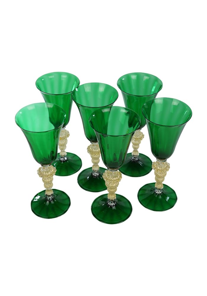 Set of 6 Murano Glass Green Goblets With Gold 24Kt Made Murano Glass