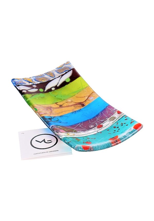 Rectangular Plate Murano Glass - Multicolored Bands Silver And Gold Leaf 24kt