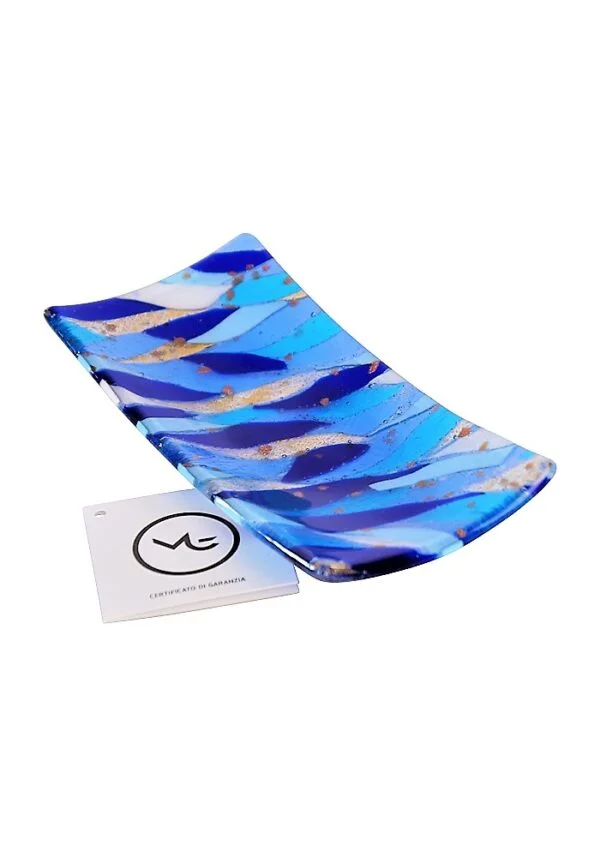 Rectangular Plate Murano Glass - Blue Flakes Gold Leaf 24kt