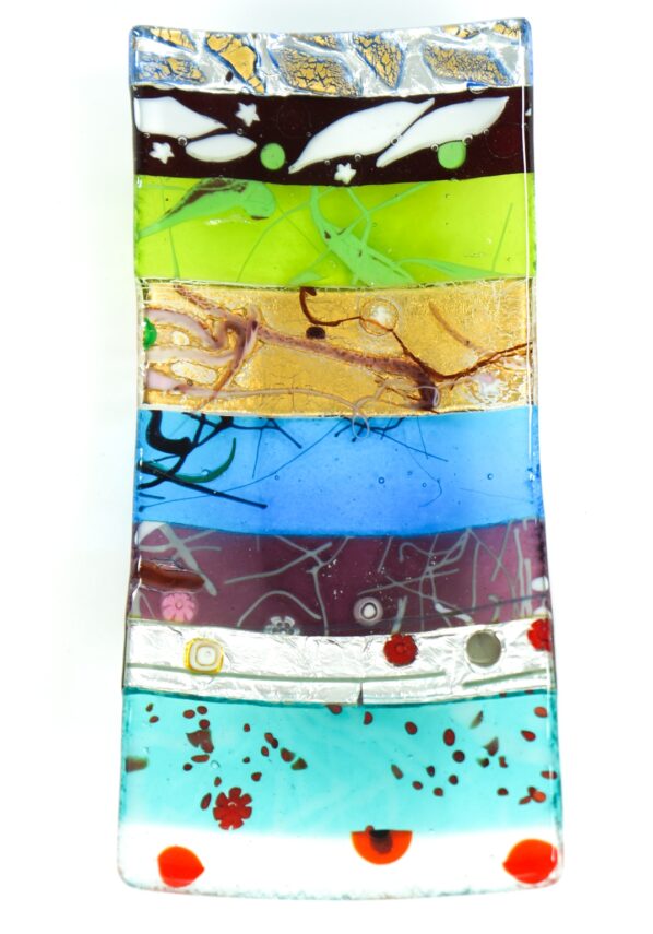 Rectangular Plate Murano Glass - Multicolored Bands Silver And Gold Leaf 24kt