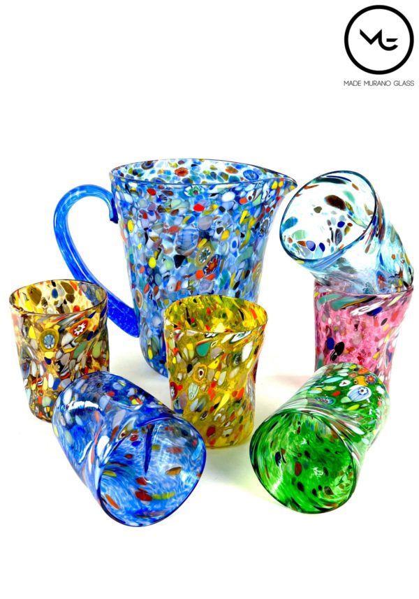Irax - Set Of 6 Multicolored Murano Drinking Glasses With Jug