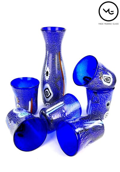 Blue Sea – Set Of 6 Blue Murano Drinking Glasses With Jug