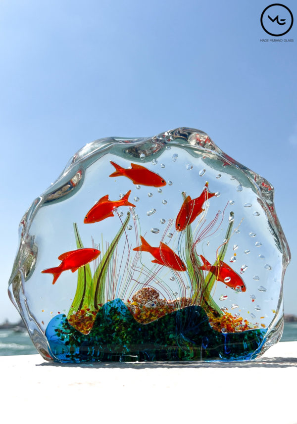 Six Red Fishes - Half-Moon Aquarium In Submerged Murano Glass