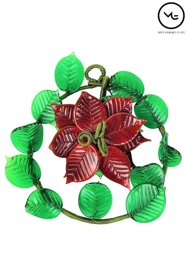 Wreath With Poinsettia In Murano Glass - Christmas Decorations