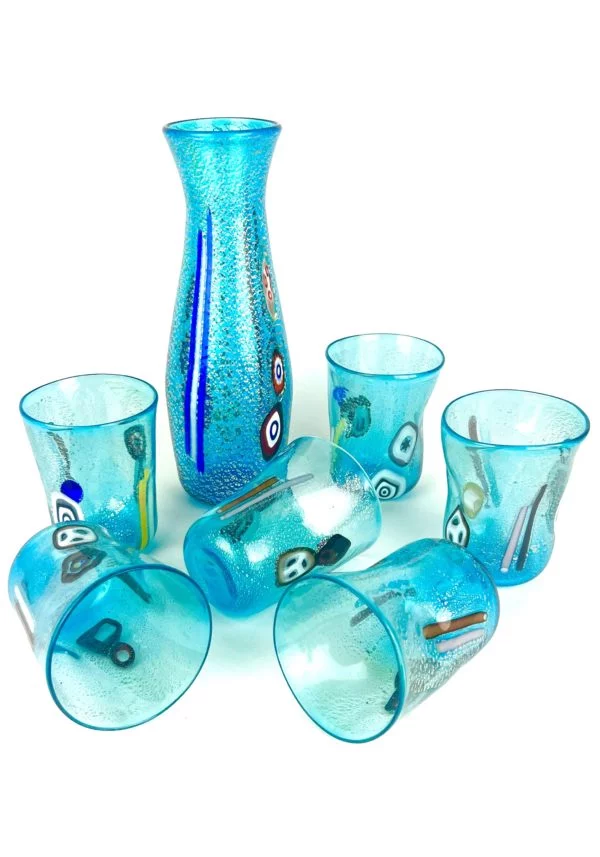 Clear Sea - Set Of Six Light Blue Murano Drinking Glasses With Jug "Teone"