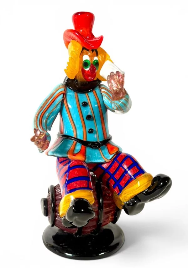 Murano Glass Clown Sitting On A Wine Barrel